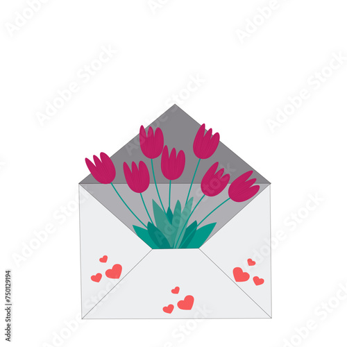 Felicitación con sobre y ramo de tulipanes rosas.
