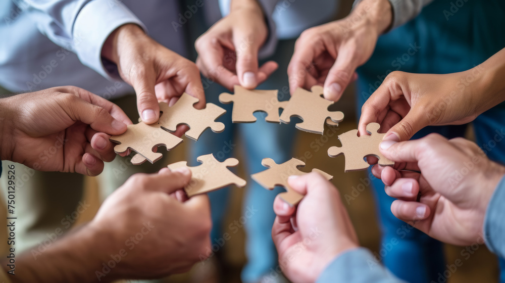 Collaborative effort: office stuff individuals joining puzzle pieces together, captured in close-up from a top-down perspective. Collaborative effort: office stuff individuals joining puzzle pieces together, captured in close-up from a top-down perspective.