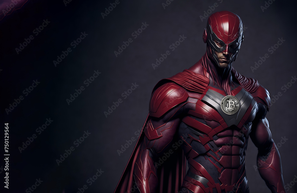 A superhero in a red suit with the bitcoin symbol prominently displayed on his chest, symbolizing the power and strength of cryptocurrency. Copy space