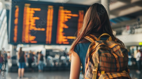 A woman traveler with a backpack, consulting the flight information board in a bustling airport terminal.