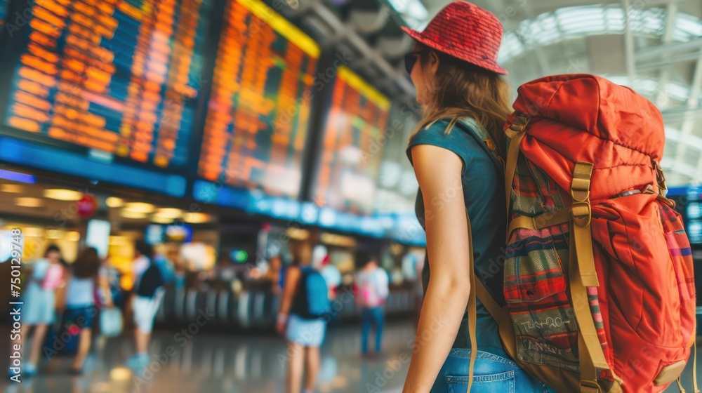 Obraz premium a female traveler is seen checking the flight information board in a bustling airport terminal