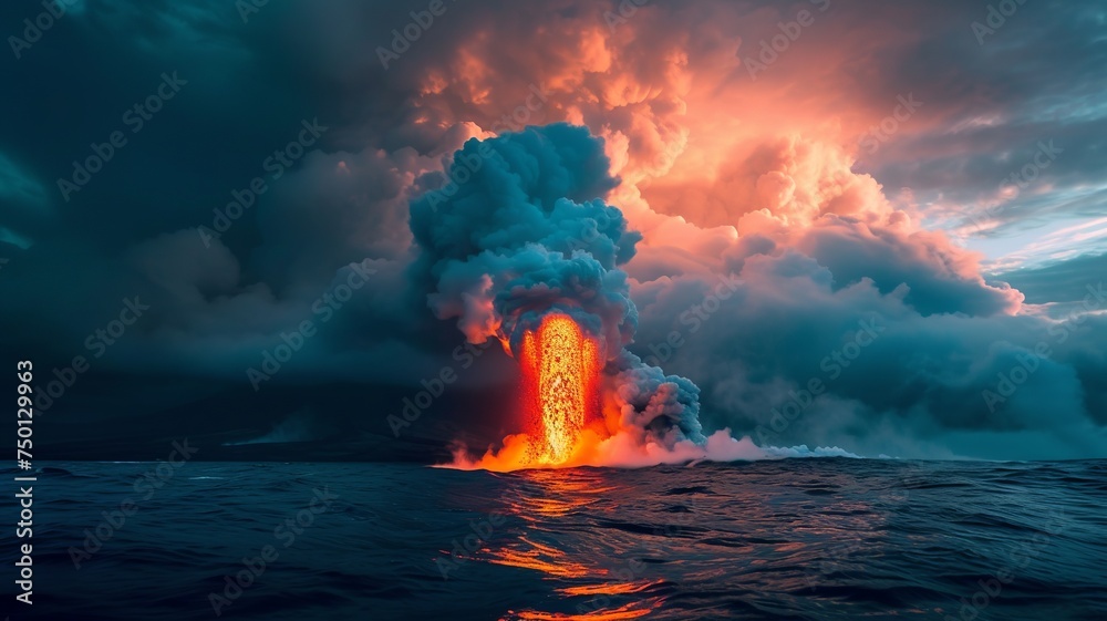 artificial intelligence image of a volcano in the middle of the water, a wonderful sight, huge, but very dangerous - obrazy, fototapety, plakaty 