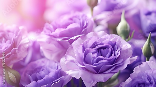 Close-up macro shot showcases violet eustoma flowers, highlighting their delicate beauty.