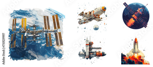 Space station, orbital facility, space exploration clipart vector illustration set