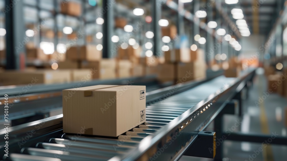 Modern Commerce: Dynamic E-Commerce and Automated Logistics. Conveyor Belt in a Distribution Warehouse, Loaded with Carefully Arranged Cardboard Box Packages Waiting to be Delivered. Generative AI. Modern Commerce: Dynamic E-Commerce and Automated Logistics. Conveyor Belt in a Distribution Warehouse, Loaded with Carefully Arranged Cardboard Box Packages Waiting to be Delivered. Generative AI.