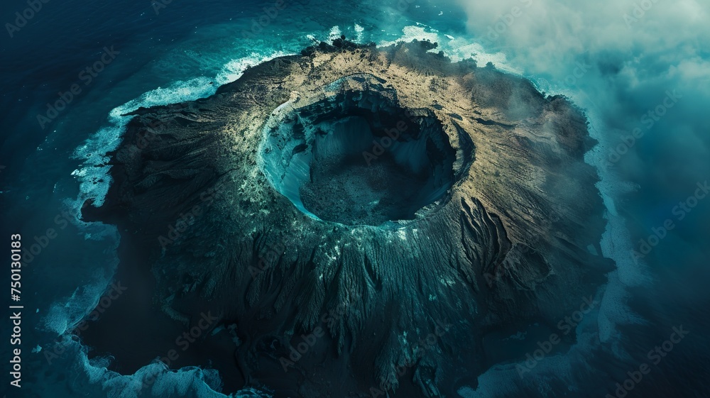 artificial intelligence image of a volcano in the middle of the water, a wonderful sight, huge, but very dangerous - obrazy, fototapety, plakaty 