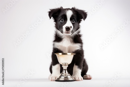 Portrait of a border collie puppy sitting with a golden goblet on a white background © Nico