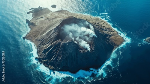 artificial intelligence image of a volcano in the middle of the water, a wonderful sight, huge, but very dangerous