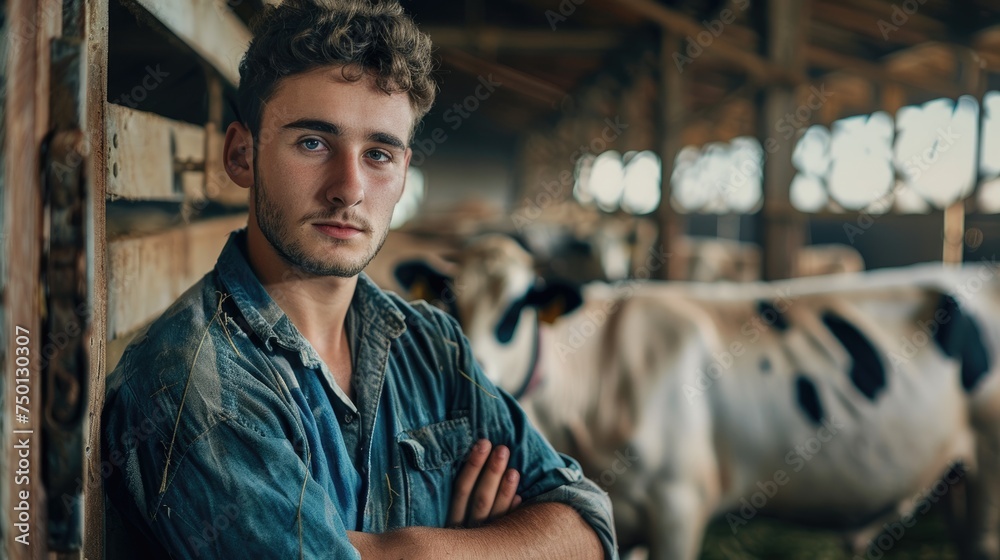 Young Rancher in the Stable with Dairy Cows in the Background. Generative AI. - obrazy, fototapety, plakaty 