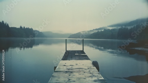 vintage photos of a small dock from the past evoke an old-fashioned charm, mysterious, with tranquil colors that harken back to Polaroid images. photo
