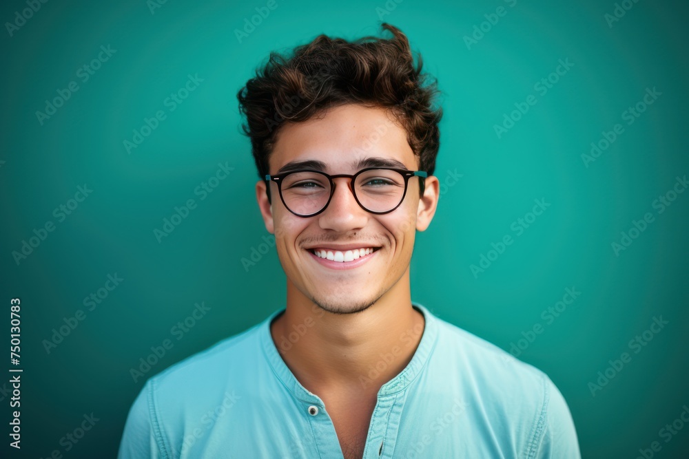 Portrait of happy young smiling man wearing glasses isolated on turquoise background. male student, professional employee or programmer