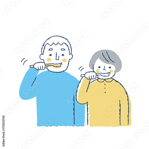 並んで歯磨きをしているシニアカップル