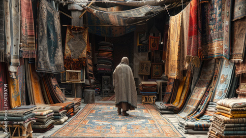  venditore di tappeti che mostra i suoi prodotti artigianali al mercato del Medio Oriente  photo