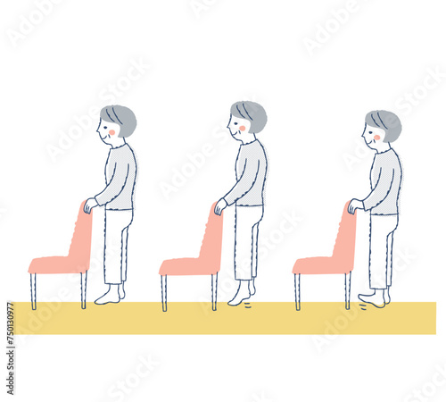 椅子につかまって踵の上げ下げ運動をするシニア女性