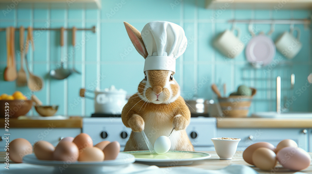 Osterhase als echter Hase in der Küche mit Kochmütze backt Oster Köstlichkeiten zum Osterbrunch Generative AI - obrazy, fototapety, plakaty 