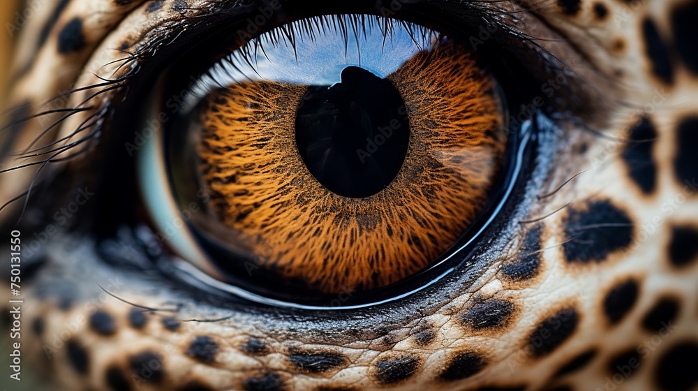 Detailed macro photography captures the intricate details of a giraffe's eye, framed by its distinctive skin pattern. - obrazy, fototapety, plakaty 