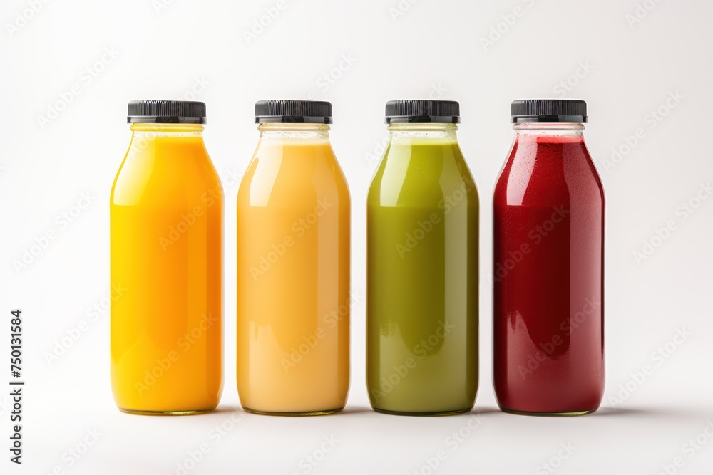 Several bottles of vegetable or fruit juice, isolated on a white background Several bottles of vegetable or fruit juice, isolated on a white background