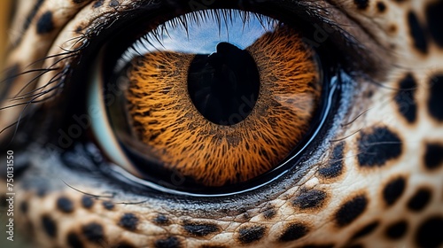 Detailed macro photography captures the intricate details of a giraffe's eye, framed by its distinctive skin pattern. photo