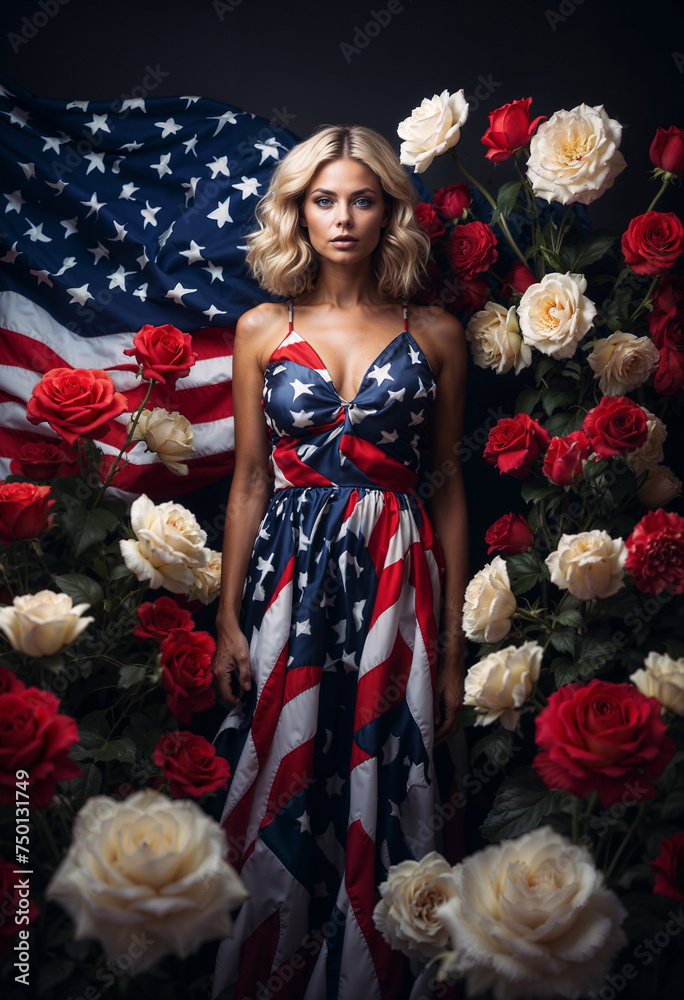 Fashion woman wearing an American flag as a dress adorned in patriotic USA flag colors and a surreal surreal flowers. Perfect for Fourth of July, Patriotic, fashion theme Fashion woman wearing an American flag as a dress adorned in patriotic USA flag colors and a surreal surreal flowers. Perfect for Fourth of July, Patriotic, fashion theme