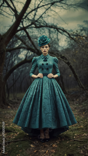Fashion portrait of a young woman in fantasy dress in surreal dark outdoor settings