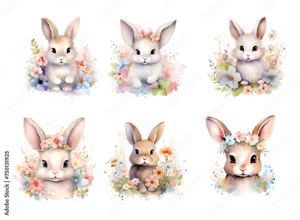 set of rabbits with flowers set of rabbits with flowers
