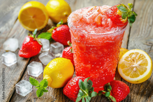 Refreshing strawberry lemon slushie with ice cubes