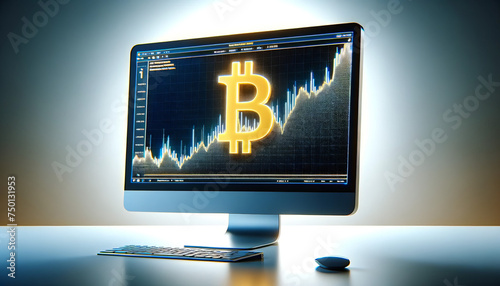 Bitcoin logo on a computer screen in an empty studio environment photo