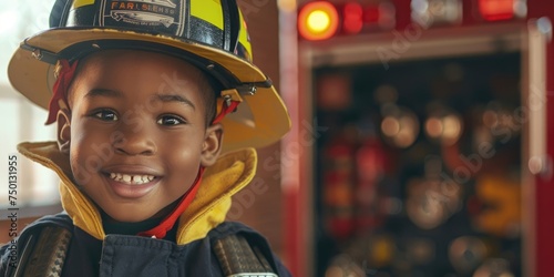 International Firefighters Day, portrait of an African-American child boy in a firefighter costume, fire trucks in a fire station, the concept of choosing a profession