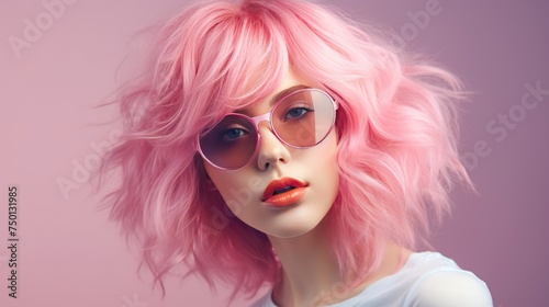 Beautiful young woman with pink hair on pink background. Strength and self confidence concept