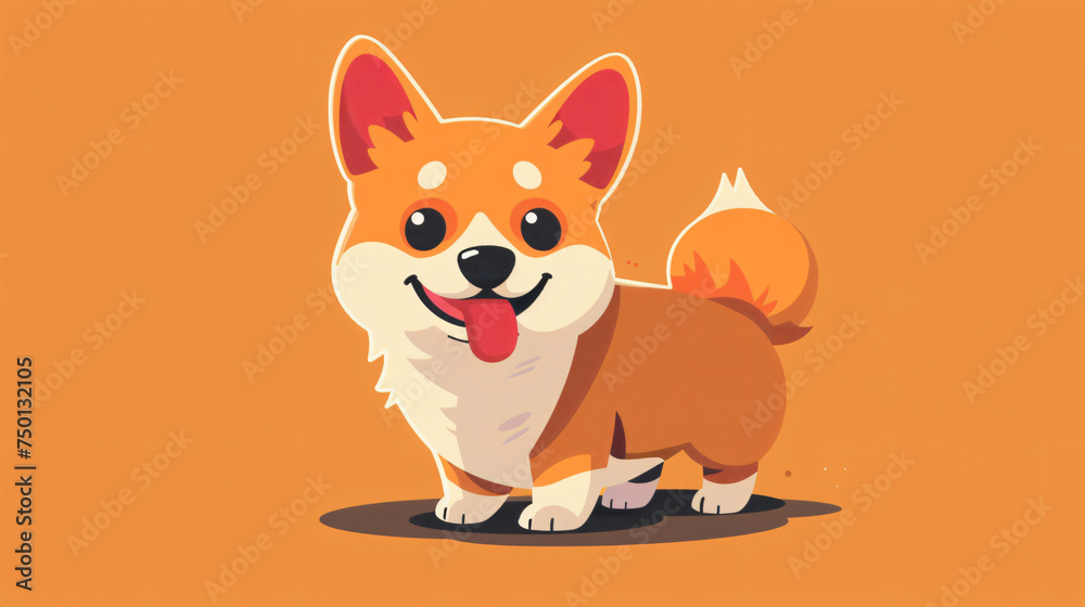 Simple fat cute funny kawaii fluffy cartoon orange corgi puppy, dot eyes, red tongue sticking out of mouth in standing playful pose. Lovely adorable pet 