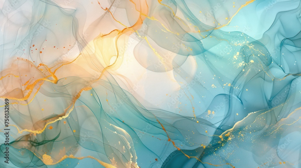 luxury abstract fluid art created using the alcohol ink technique. A tender and dreamy wallpaper featuring transparent waves and golden swirls, ideal for posters.