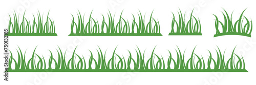 Green grass silhouette. Cartoon lines of plants and shrubs for boarding and framing, eco and organic logo element. Vector set spring bio field banner or fresh organic pasture.  white background.