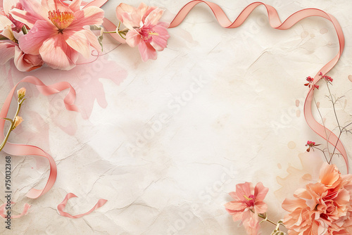 A heart shaped frame with pink flowers and ribbons on a white background
