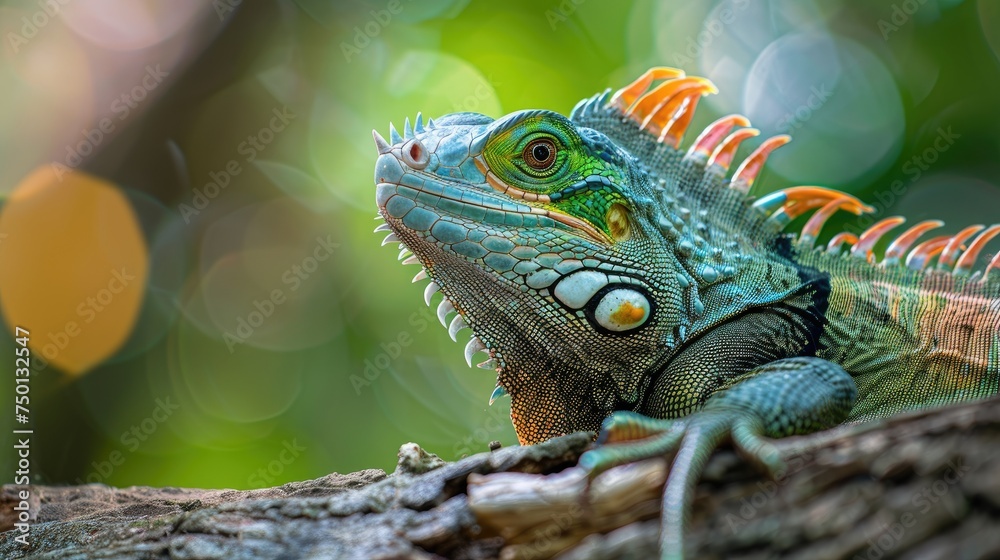 Obraz premium Detailed Capture of an Iguana in its Natural Habitat, Embraced by the Forest Surroundings 