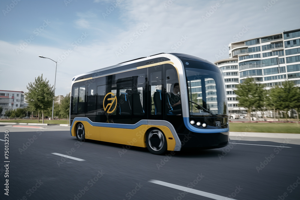 Self driving bus. Autonomous bus driving in city. Future Electric passenger buse. Self-driving passenger electric bus. Public electric E-bus. Driverless bus line with 5g autonomous driving buses.