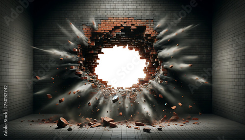 Brick wall with a large hole in the middle. Concept of breaking through and revealing. PNG Transparent