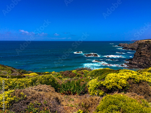 A vibrant coastal scene with lush greenery in the foreground, rocky cliffs, and a deep blue ocean with white waves crashing against the rocks.