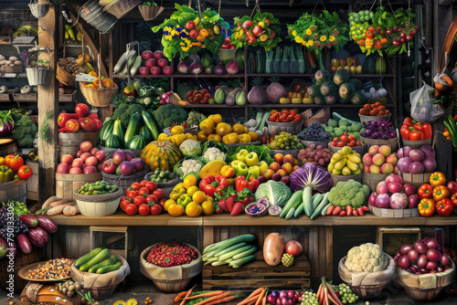 Summer market scene with colorful array of fresh produce