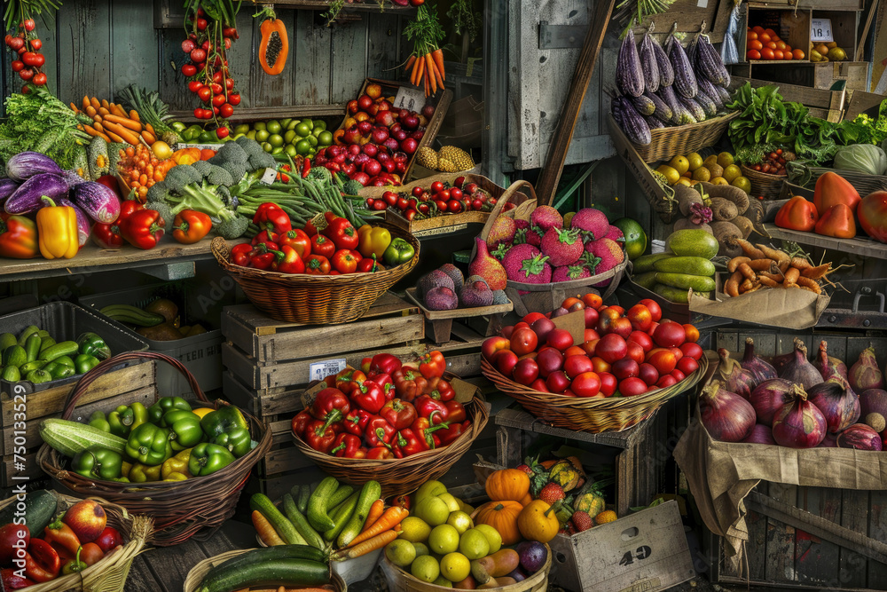 Summer market scene with colorful array of fresh produce