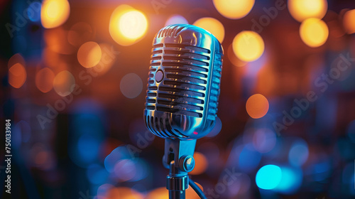 Vintage microphone with a bokeh light background.