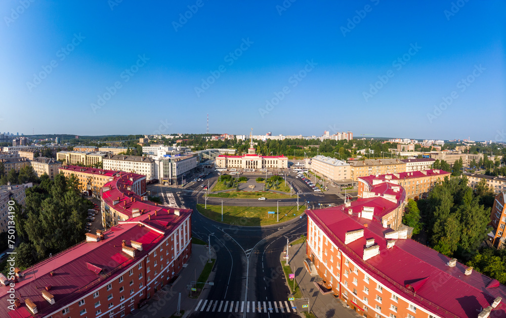 Aerial top view to railway station st. Petrozavodsk-Passenger. Building are on Gagarin square and Lenin Avenue in center of city in sunny summer day. Petrozavodsk city is capital of Karelia. Russia