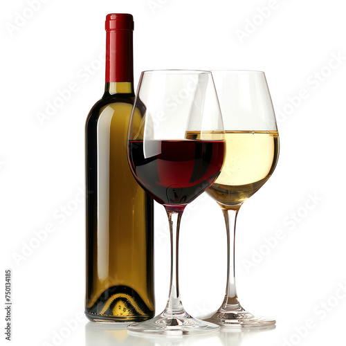 A fresh glass of white and red wine with a winebottle beside isolated on transparent png.