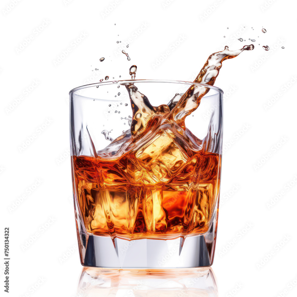 Glass of whiskey, whiskey with ice isolated on transparent png.