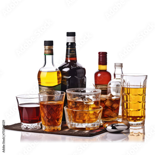 Glass of whiskey and bottle, Alcohol drink isolated on transparent png.
