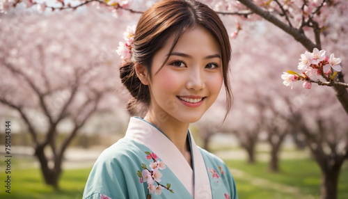 Cherry Blossom Enchantment: Elegant Woman Amidst Springtime Serenity