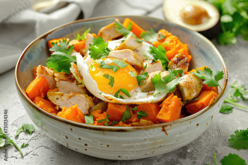 A nutritious and satisfying breakfast bowl featuring sweet potato, chicken and egg