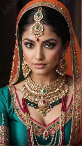 Vibrant Radiance: Captivating Portrait of an Indian Bride in Bright and Colorful Traditional Lehenga, Generative AI.