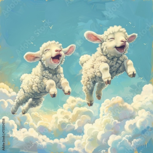Frolicking Lambs Playful lambs jumping over soft clouds,watercolor style photo