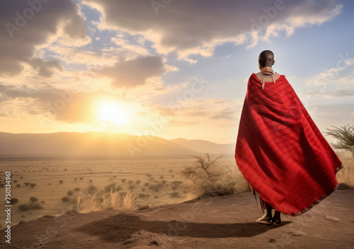 Massai Frau in Tracht steht in der Steppe, Ostafrika, Generative AI