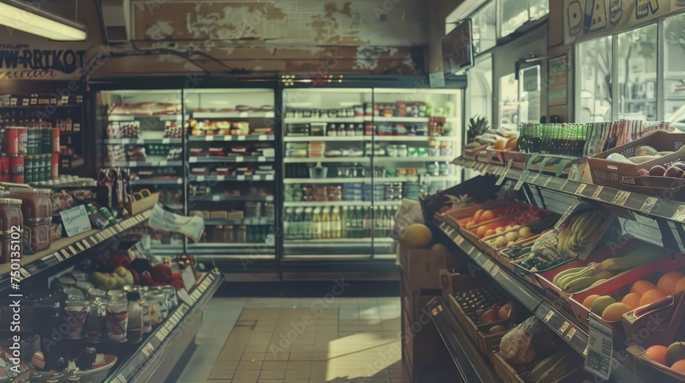 A Polaroid photo of a grocery capturing a vintage, old-school, nostalgic atmosphere with muted colors